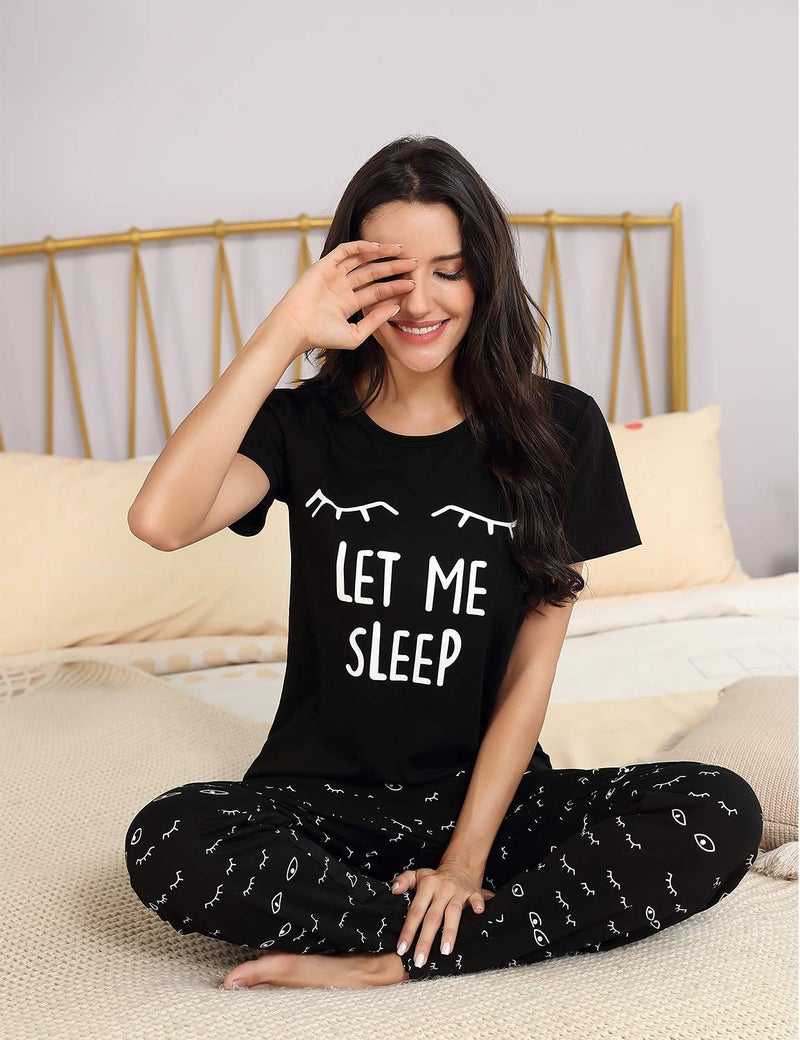 EISHOPEER Women's Sleepwear Jersey Printed Short Sleeve Tee and Pjs Sets Black M - Image 4